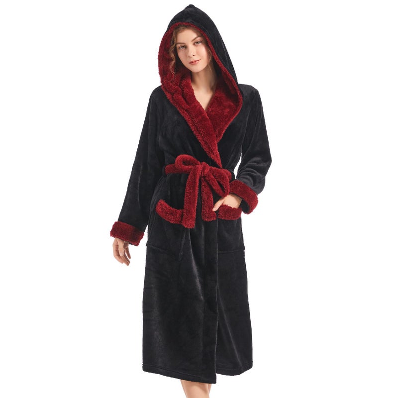 Inner Wish Women Hooded Plush Robe Fleece Cozy Warm Bathrobe Fuzzy Female Spa Robe With Pockets Spa BathrobeBLACKBURGUNDY LXL