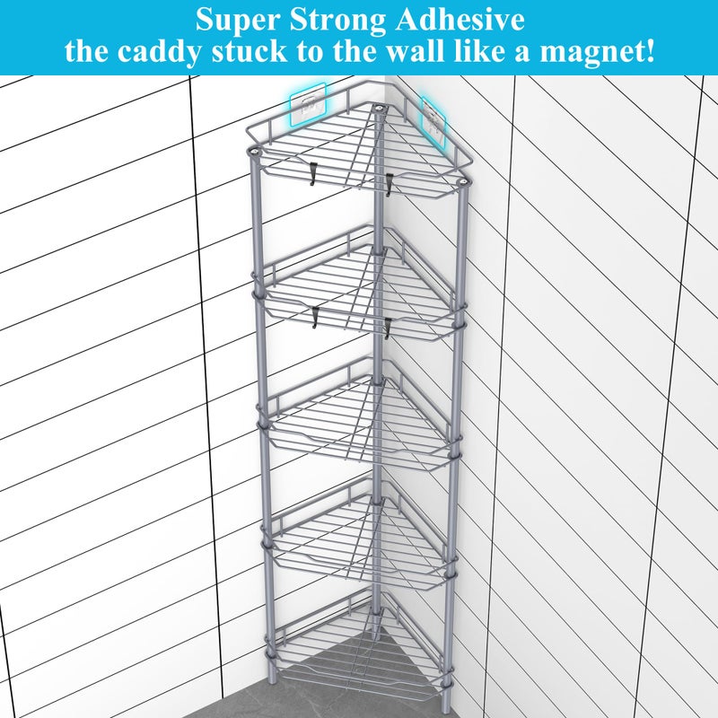 Huggiegems 5 Tier Floor Standing Corner Shower Caddy Organizer Shelf With Hooks  Bathroom Shelves Stand Rack  Dark Gray - Image 2