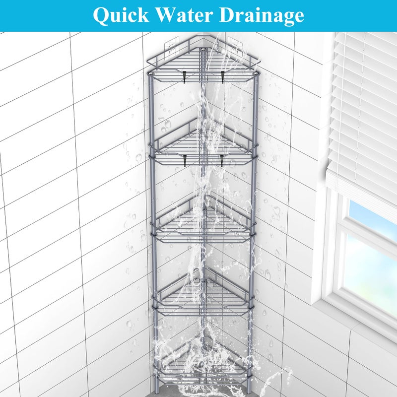 Huggiegems 5 Tier Floor Standing Corner Shower Caddy Organizer Shelf With Hooks  Bathroom Shelves Stand Rack  Dark Gray - Image 4