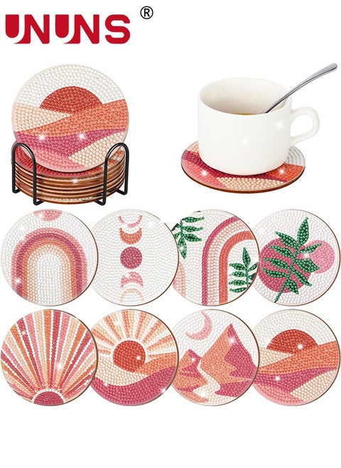 Diamond Coasters,8 Pcs Boho Diamond Painting With Holder,4 Inch DIY Inspirational Diamond Painting Kit For Drinks