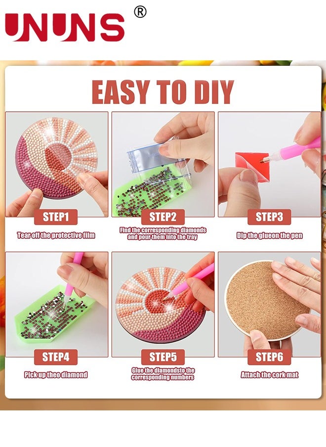 UNUNS - قواعد أكواب ماسية، 8 قطع من لوحات بوهو الماسية مع حامل، مجموعة طلاء ألماس ملهمة DIY للمشروبات مقاس 4 بوصات - Image 1