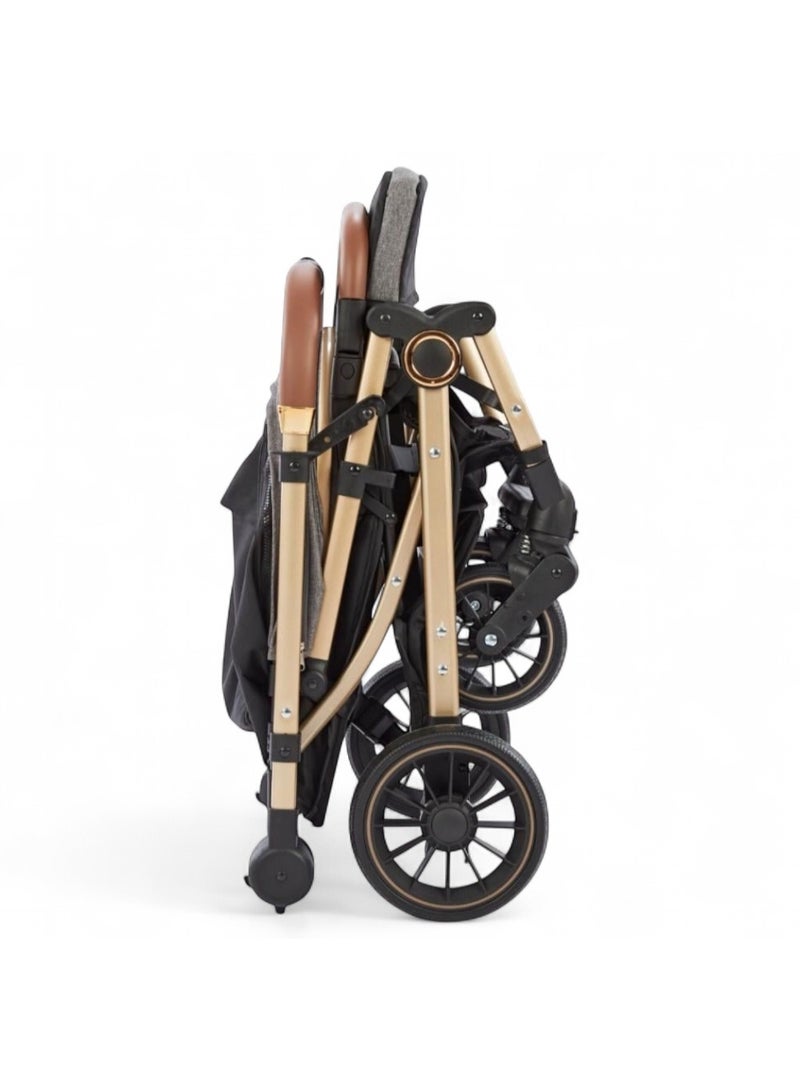 البدر عربة أطفال البدر للرضع وحديثي الولادة، تصميم فاخر ثنائي الاتجاه للسفر مع مقعد قابل للعكس، إمالة متعددة الوضعيات، تصميم خفيف قابل للطي مناسب للطائرة، مظلة كبيرة بفتحة تهوية، سلة تخزين واسعة، مقبض جلد فاخر، هيكل ألومنيوم متين - Image 2