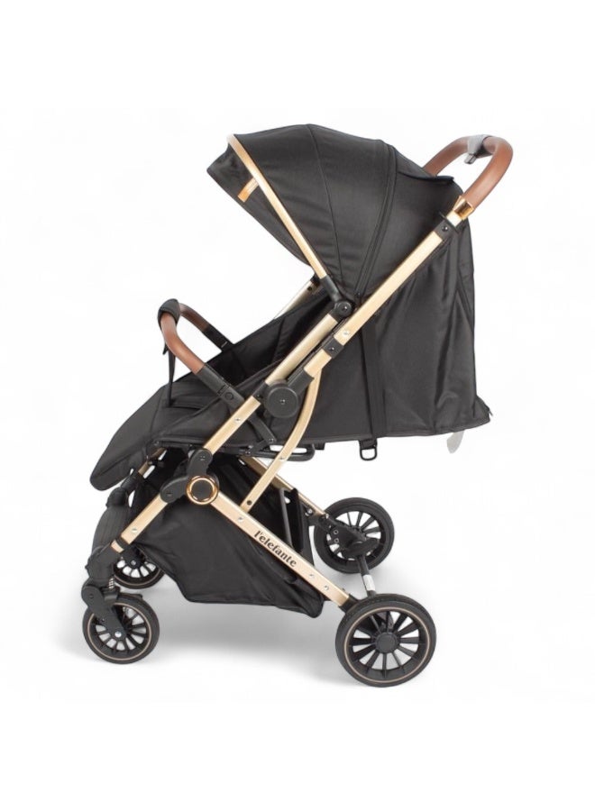 البدر عربة أطفال البدر للرضع وحديثي الولادة، تصميم فاخر ثنائي الاتجاه للسفر مع مقعد قابل للعكس، إمالة متعددة الوضعيات، تصميم خفيف قابل للطي مناسب للطائرة، مظلة كبيرة بفتحة تهوية، سلة تخزين واسعة، مقبض جلد فاخر، هيكل ألومنيوم متين - Image 5