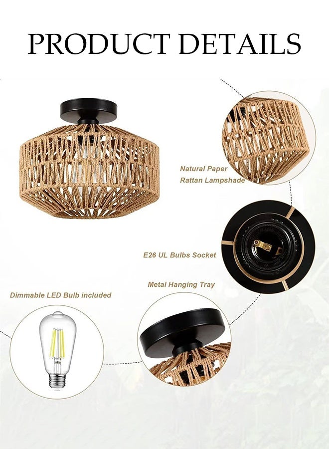 DUNISO Hanging Rattan Ceiling Light, Boho Ceiling Light with Rattan Lampshade, Living Room, Hand-Worked Lampshade Decorative Basket Lamp for Bedroom, Kitchen, Hallway and more - Image 3