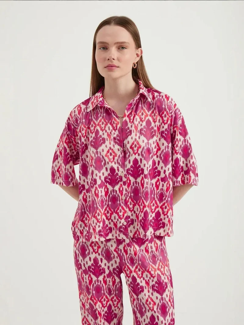 Hiccup Magenta Pink Satin Relaxed Short Sleeve Boho Shirt for Women | Best Price UAE