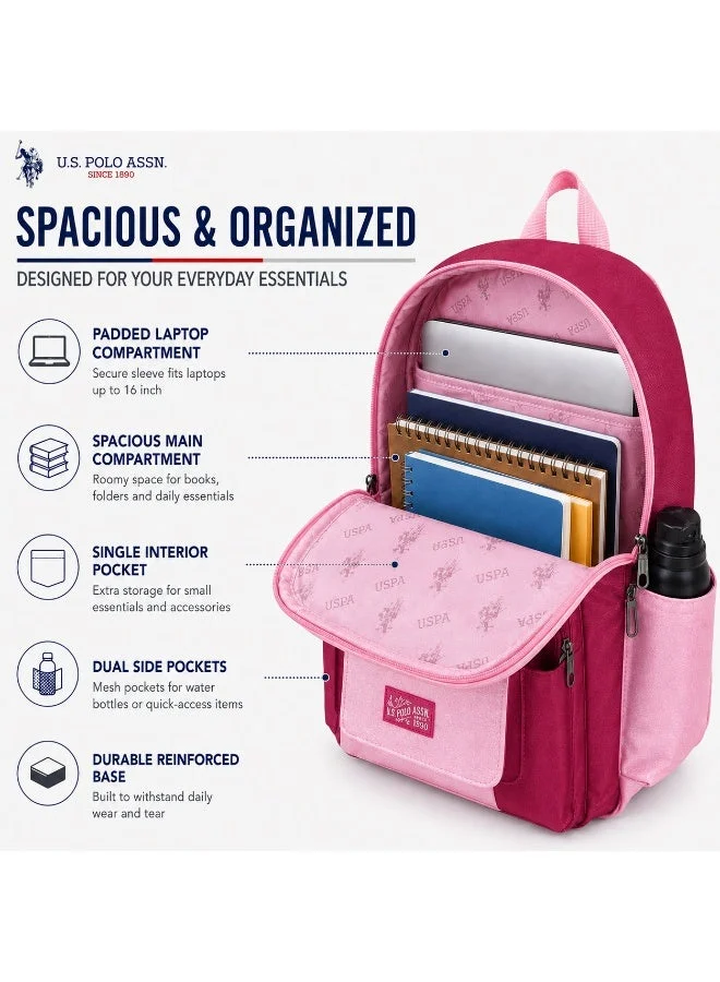 U.S. Polo Assn. U.S. Polo Assn. Classic Berry Pink Utility Pocket Backpack for School and Office MultiCompartment Bag for Campus
