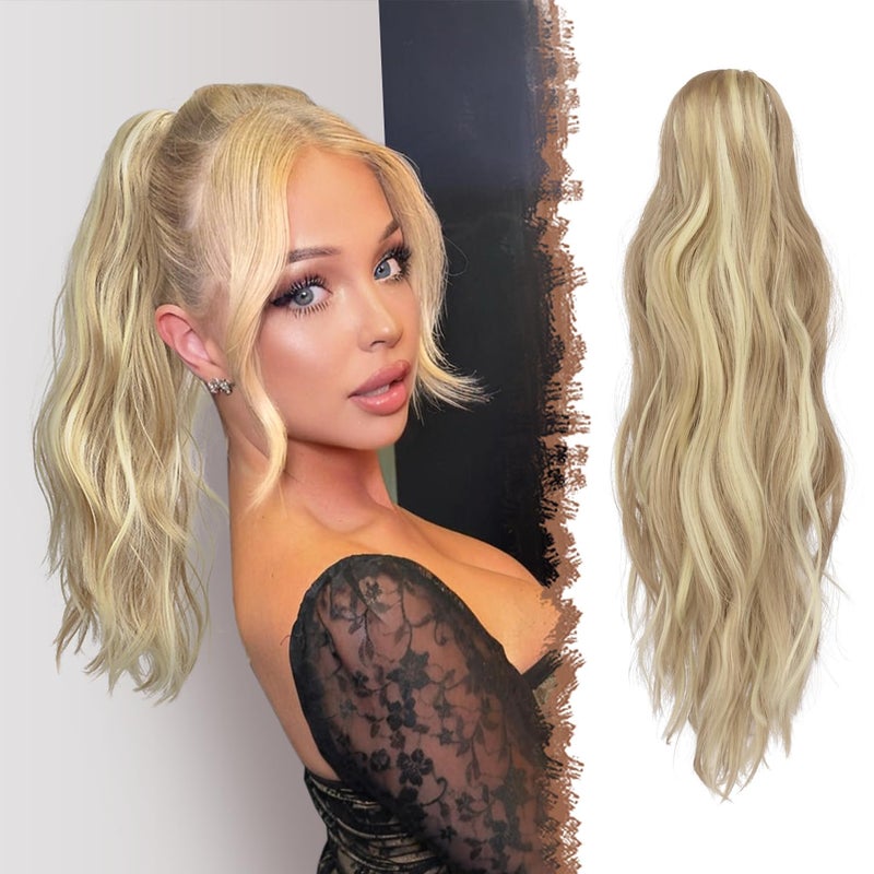 FESHFEN Ponytail Extensions Long Claw Clip in Ponytail Hairpiece Synthetic Pony Tails Hair Piece Natural Wavy Hairpieces for Women 20 inch Dark Ash Blonde Mixed Bleach Blonde