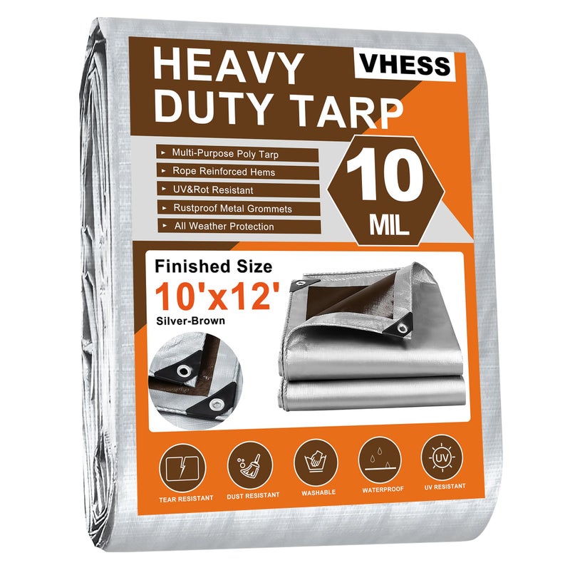 Tarps Heavy Duty Waterproof 10 X 12 10 Mil Multipurpose Poly Tarp Cover tarp Waterproof UV Resistant TearFade Resistant Outdoor Tarpaulin for Roof Camping Patio Pool Boat Car