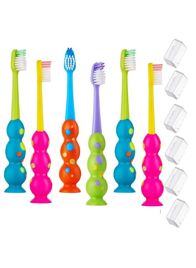 Trueocity Kids Toothbrush - Soft Contoured Bristles - Child Sized Brush Heads (3-10 Year Old) - Suction Cup for Fun & Easy Storage - Girl & Boy Set (6-Pack, Green & Pink) - Image 1