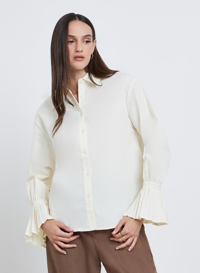 Styli Solid Pleated Detail Long Sleeve Shirt - Image 3