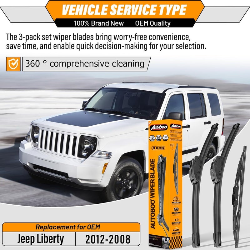 AUTOBOO 19"+19" Windshield Wipers with 14" Rear Wiper Blade Replacement for Jeep Liberty 2008 2009 2010 2011 2012-Original Factory Quality (Pack of 3) - Image 2