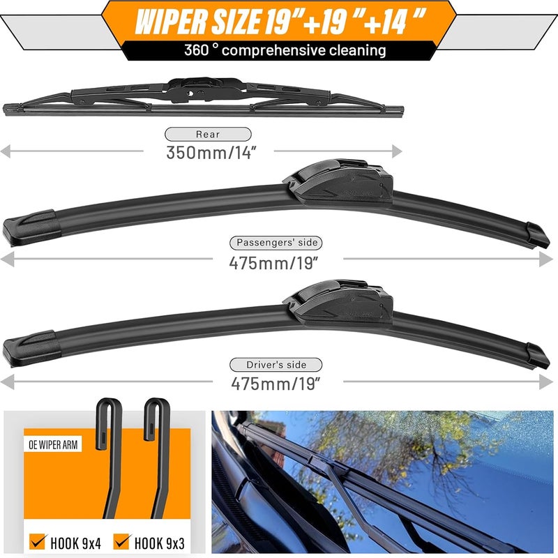 AUTOBOO 19"+19" Windshield Wipers with 14" Rear Wiper Blade Replacement for Jeep Liberty 2008 2009 2010 2011 2012-Original Factory Quality (Pack of 3) - Image 3