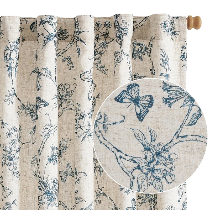 Lazzzy Charlotte Lined Linen Farmhouse Blue Floral Curtains 63 Inch Length Back Tab Drapes for Living Room Bedroom Light Filtering Country Vintage Rod Pocket, 2 Panels, Blue on Beige - Image 1