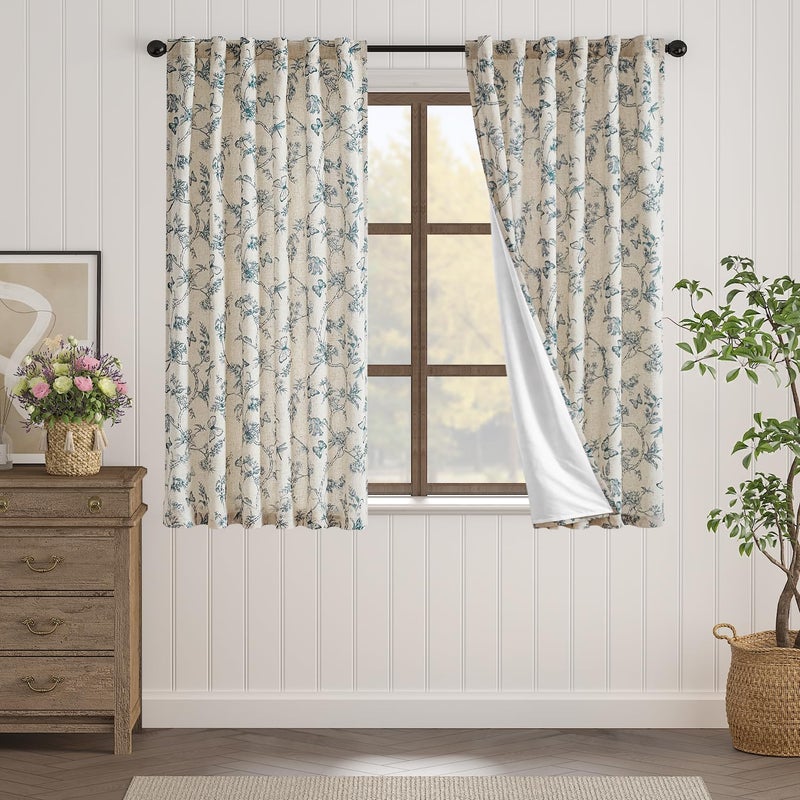 Lazzzy Charlotte Lined Linen Farmhouse Blue Floral Curtains 63 Inch Length Back Tab Drapes for Living Room Bedroom Light Filtering Country Vintage Rod Pocket, 2 Panels, Blue on Beige - Image 2