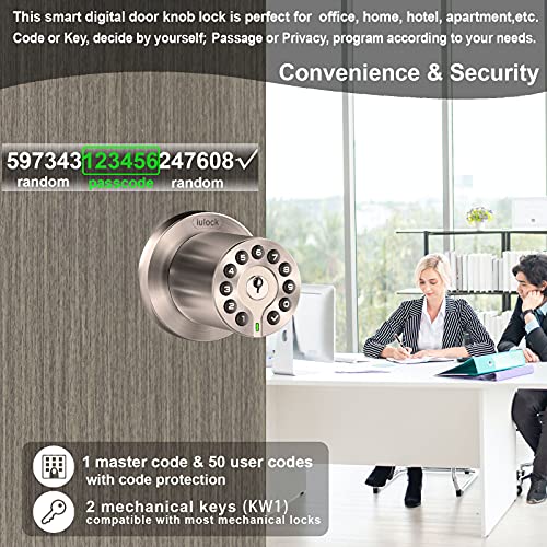 iulock Waterproof Electronic Door Knob with Keypad and Key, Auto Lock, Satin Nickel, 50 Codes, Easy to use and install for Office/Warehouse/Bedroom/Garage - Image 3