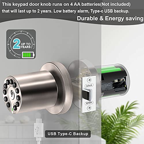 iulock Waterproof Electronic Door Knob with Keypad and Key, Auto Lock, Satin Nickel, 50 Codes, Easy to use and install for Office/Warehouse/Bedroom/Garage - Image 5