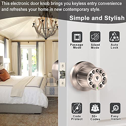iulock Waterproof Electronic Door Knob with Keypad and Key, Auto Lock, Satin Nickel, 50 Codes, Easy to use and install for Office/Warehouse/Bedroom/Garage - Image 2
