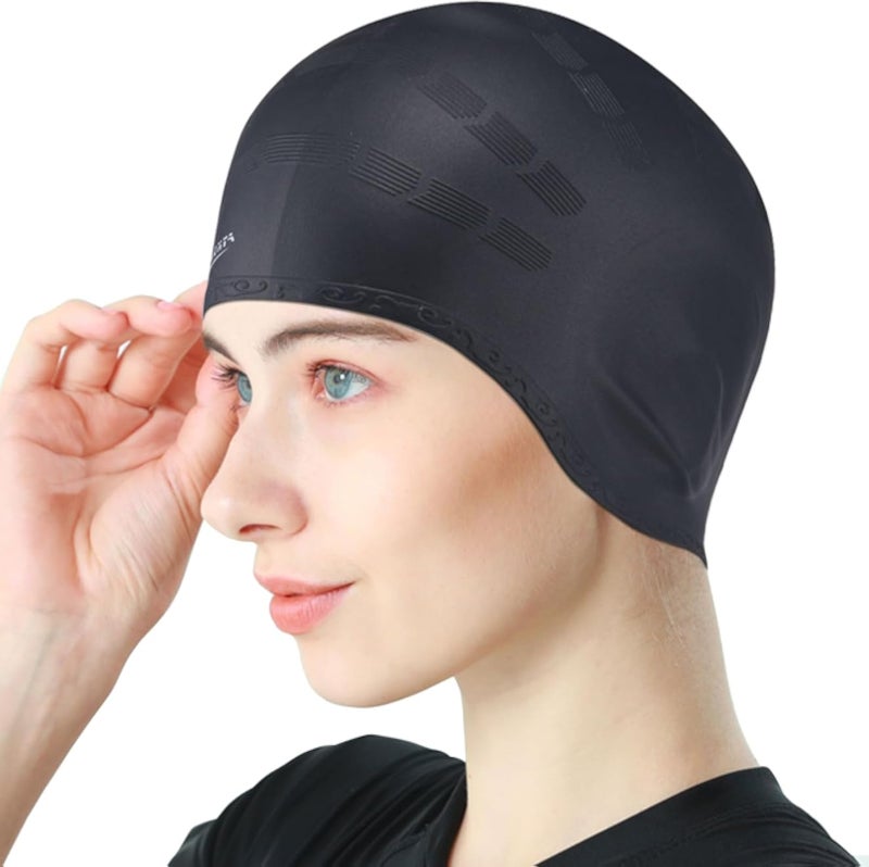 3D Ear Protection Swimming Cap Non-Slip Silicone Waterproof Swimming Cap for Long and Short Hair (Black)