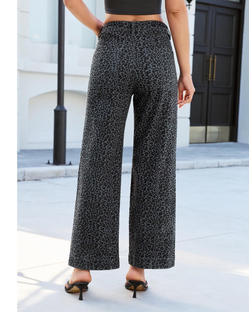 LookbookStore Leopard Print Jeans for Women Wide Leg Womens Stretch Jeans Western Outfit for Women Mini Gray Leopard Size Small Size 4 6 - Image 2