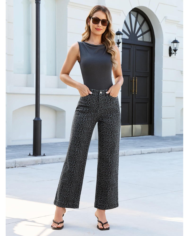 LookbookStore Leopard Print Jeans for Women Wide Leg Womens Stretch Jeans Western Outfit for Women Mini Gray Leopard Size Small Size 4 6 - Image 4