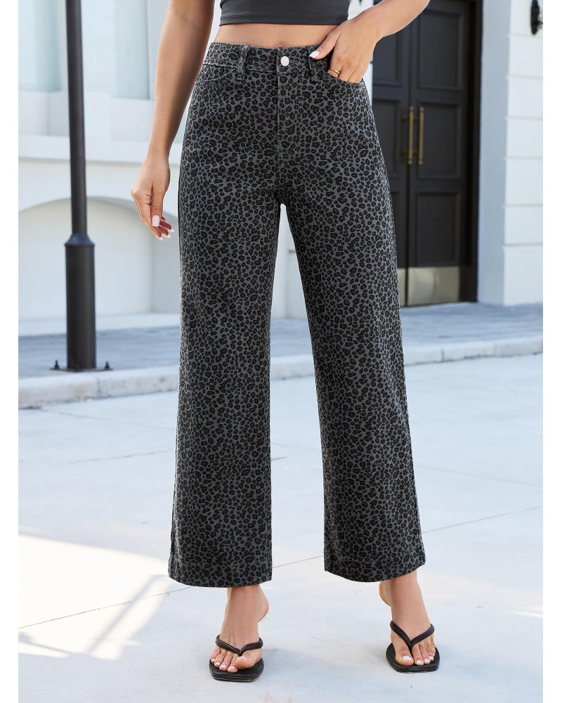 LookbookStore Leopard Print Jeans for Women Wide Leg Womens Stretch Jeans Western Outfit for Women Mini Gray Leopard Size Small Size 4 6 - Image 3