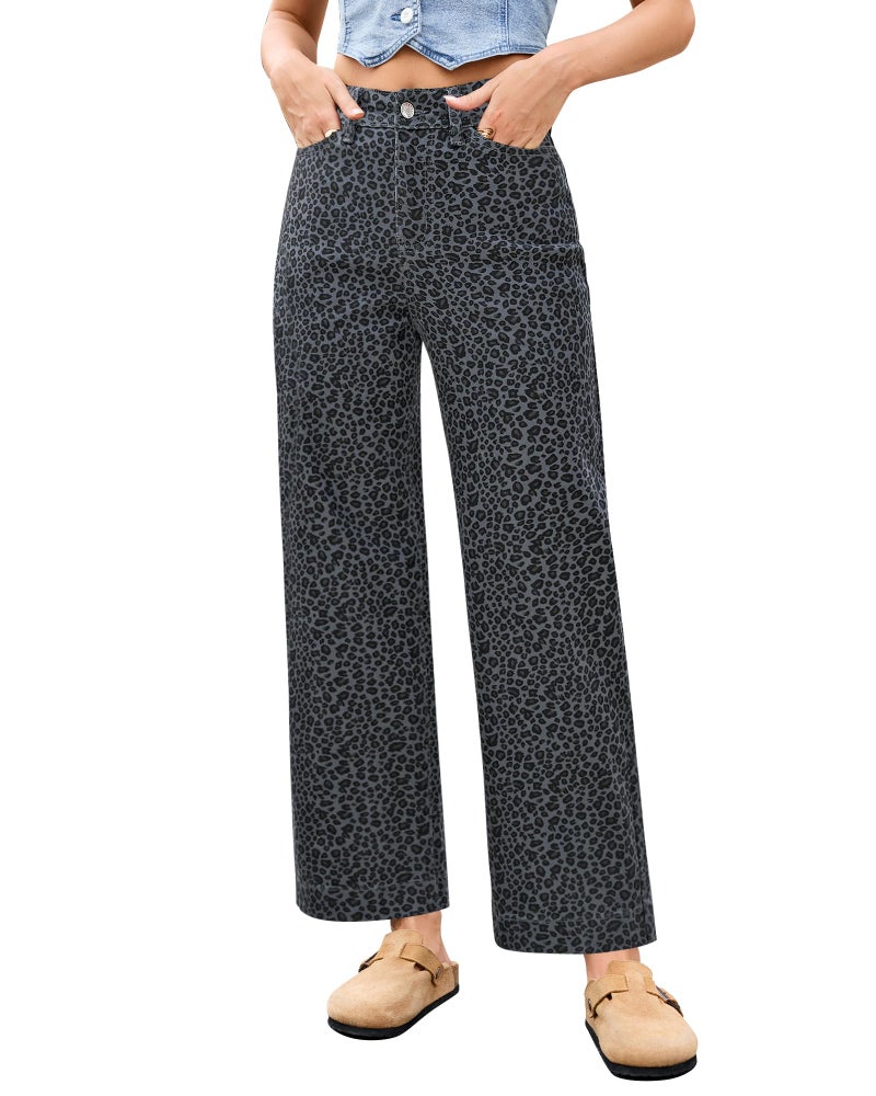 LookbookStore Leopard Print Jeans for Women Wide Leg Womens Stretch Jeans Western Outfit for Women Mini Gray Leopard Size Small Size 4 6 - Image 1