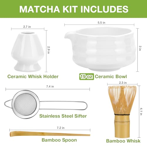 Mfacoy Matcha Whisk Set, Japanese Tea Set (5pcs) includes Matcha Bowl with Spout (19 oz), Bamboo Whisk and Matcha Scoop, Whisk Holder, Stainless Steel Sifter, Tea Making Tools, Matcha Kit - Image 2