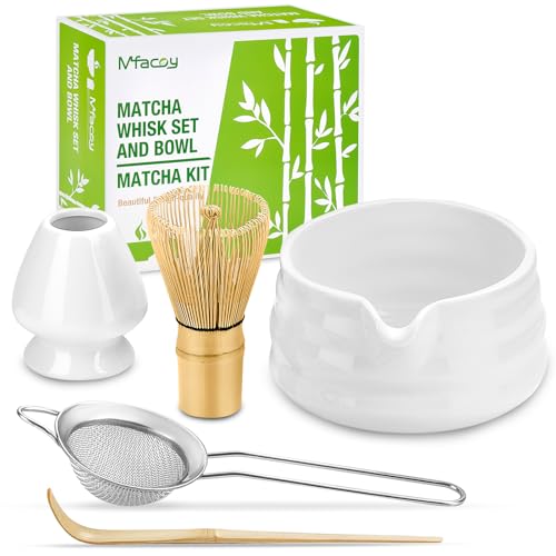 Mfacoy Matcha Whisk Set, Japanese Tea Set (5pcs) includes Matcha Bowl with Spout (19 oz), Bamboo Whisk and Matcha Scoop, Whisk Holder, Stainless Steel Sifter, Tea Making Tools, Matcha Kit - Image 1