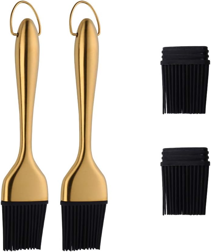 mingcheng 2 Pack Grill Basting Brush with 2 Pack Back Up Silicone Brush Heads, No Shed Bristles Stainless Steel Handles Heatproof Rust Resistant, Pastry Brushes for Kitchen Cooking BBQ, Dishwasher Safe Gold - Image 1