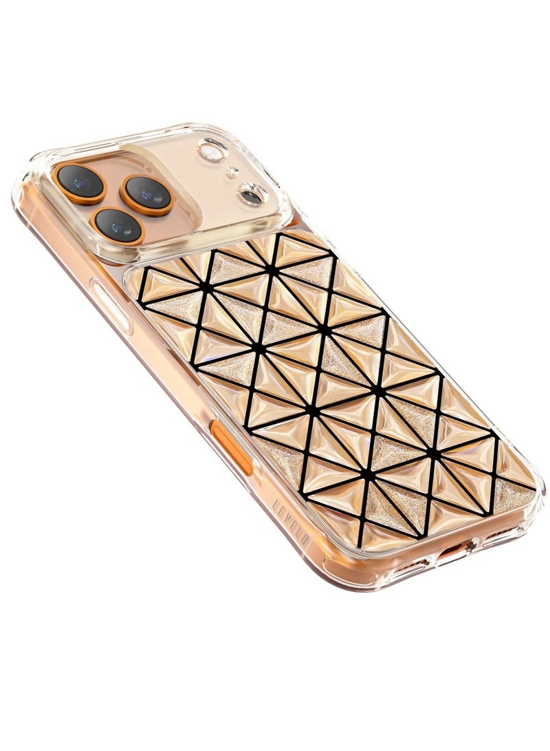 LEVELO iPhone 17 Pro Max Case Hexa 3D IML With Shock-Resistant Bumper & Raised Bezels For Camera And Screen / Ever-Clear Technology / Modern Geometric Pattern / Impact-Resistant Corners Back Cover - Orange - Image 2