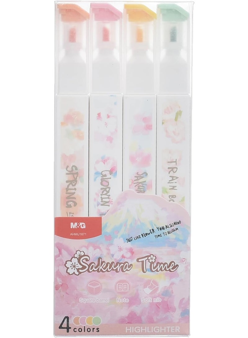 M&G Sakura Time Highlighter Set, Vibrant Marking, Chisel Tip, Non-Toxic Ink, 4 Colors