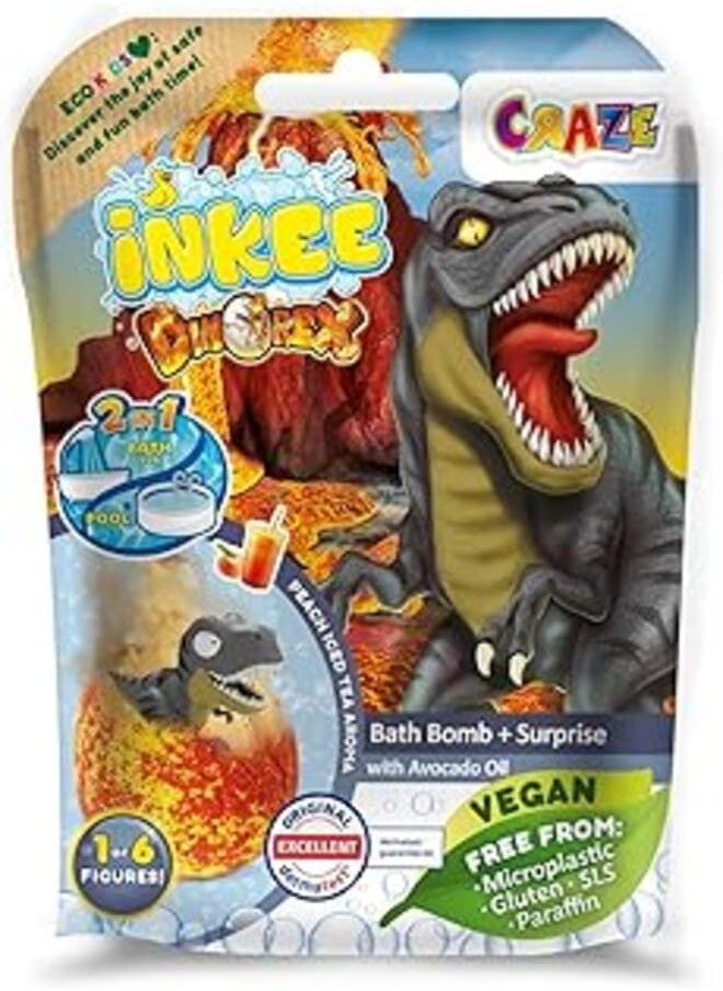 INKEE - INKEE Surprise Dino Bath Bombs Children with Surprise, Egg Shape Bath Bomb 100 g with Dinosaur Figures, Peach Iced Tea Aroma and Avocado Oil - Image 1