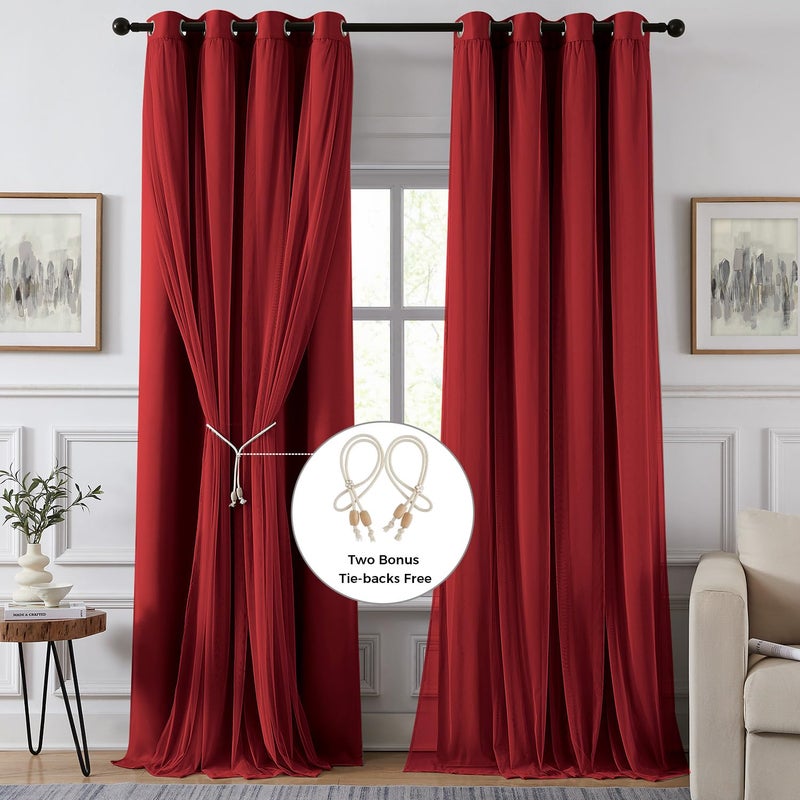 Swandream 100% Blackout Curtains for Bedroom, Double Layer Red Curtains, Black Out Curtain 84 inch Long with Sheer Overlay for Living Room, Room Darkening Window Drapes with Grommet, 52" W x 84" L - Image 2