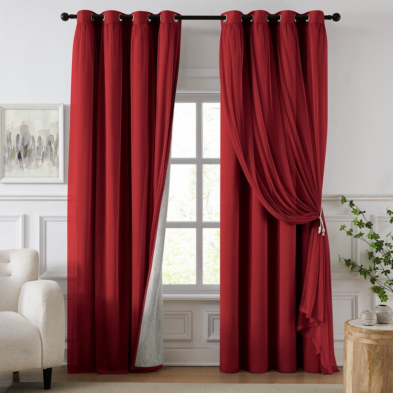 Swandream 100% Blackout Curtains for Bedroom, Double Layer Red Curtains, Black Out Curtain 84 inch Long with Sheer Overlay for Living Room, Room Darkening Window Drapes with Grommet, 52" W x 84" L - Image 1