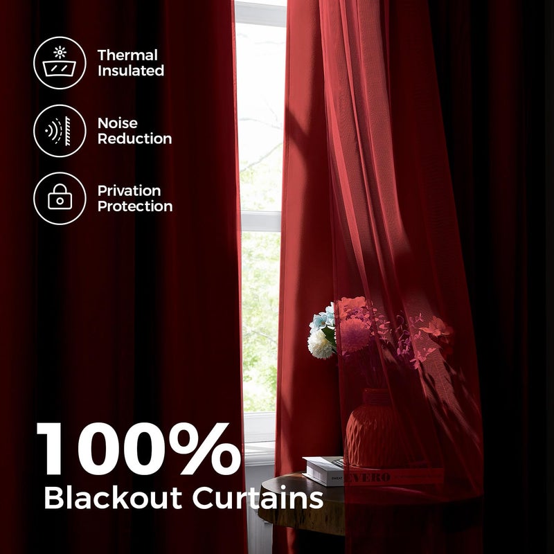 Swandream 100% Blackout Curtains for Bedroom, Double Layer Red Curtains, Black Out Curtain 84 inch Long with Sheer Overlay for Living Room, Room Darkening Window Drapes with Grommet, 52" W x 84" L - Image 3