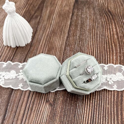 Beatilog Velvet 3 Slots Ring Box Wedding Day - Octagon Premium Handmade Three Rings Slot Bearer Storage for Wedding Ceremony, Proposal, Engagement, Photography (Sage Green) - Image 3