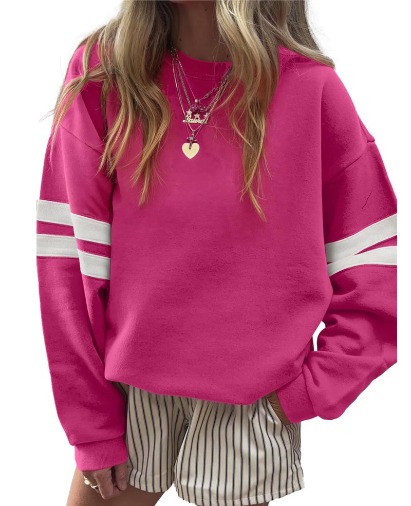 SELINK Womens Varsity Striped Oversized Sweatshirt Crewneck Long Sleeve Casual Fashion Pullover Top Fall Outfits Rose-S