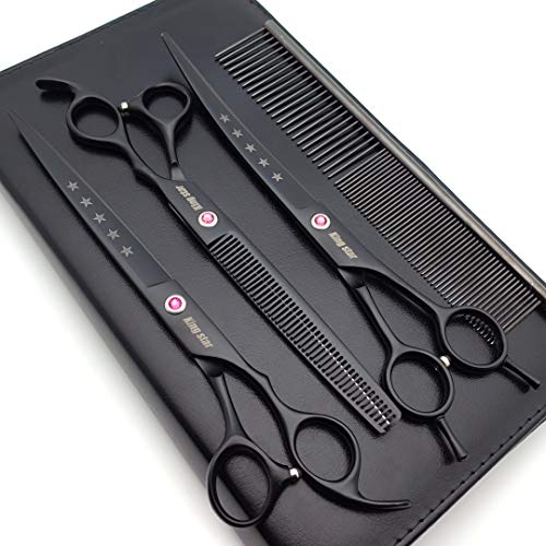 Kingstar 8.0in. Matt Black Professional Pet Grooming Scissors Set,Straight & Thinning & Curved Scissors Set with Comb,Dog Grooming,A559 - Image 1