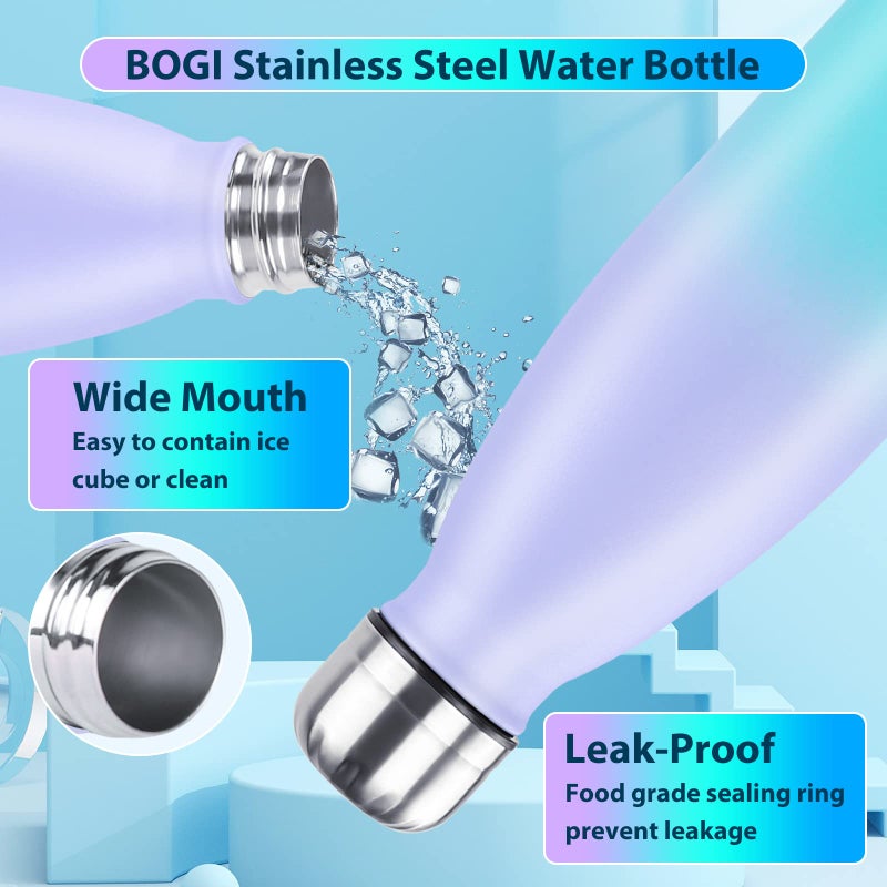 BOGI Insulated Water Bottle  17oz Stainless Steel Water Bottles  Leak Proof Sports Metal Water Bottles Keep Cold for 24 Hours and Hot for 12 Hours BPA Free kids water bottle for School (Purple Mint) - Image 4