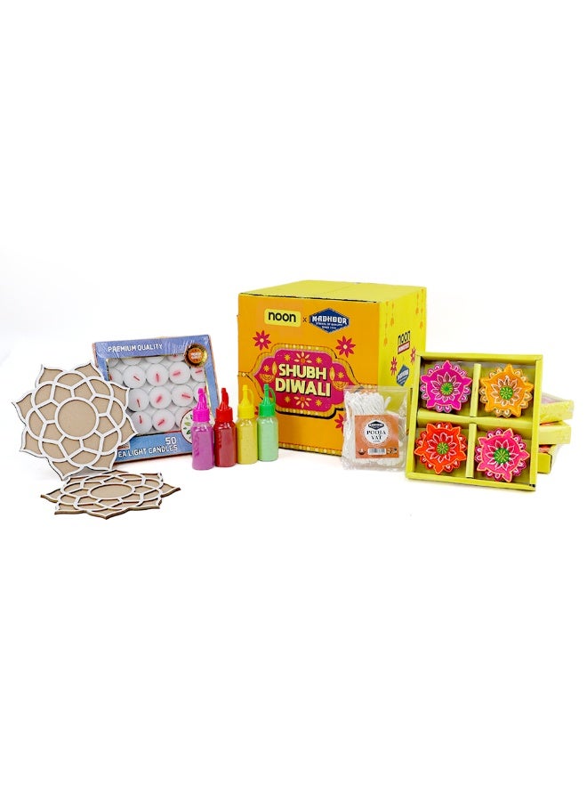 Madhoor Diwali Essentials Kit - Set includes 16 Diyas, 50 pieces Premium Tealight Candles, 2 Rangoli Stencils, 4 Rangoli Colors & 40 pieces Cotton Vat Long - Image 1