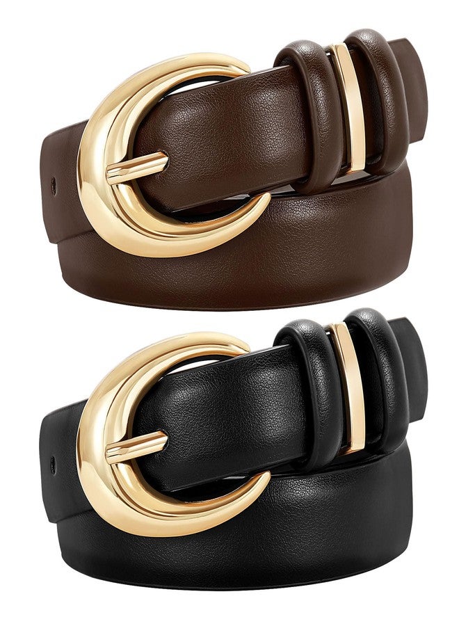 TRIWORKS 2 Pack Women Leather Belt for Jeans Pants Fashion Ladies Skinny Faux Leather Belt with Gold Buckle, Black+coffee, Fit Waist Size 23"-26" - Image 1