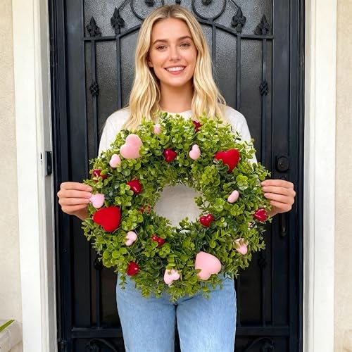 HipTree 18 Inch Spring Mothers Day Heart Wreath for Front Door,Artificial Boxwood Wreath with Flocked Pink & Red Hearts- Romantic for Valentines Day,Anniversary,Wedding,Indoor Outdoor and Wall Decor - Image 5