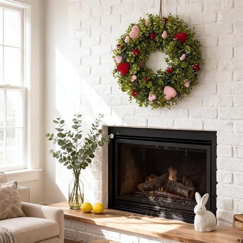 HipTree 18 Inch Spring Mothers Day Heart Wreath for Front Door,Artificial Boxwood Wreath with Flocked Pink & Red Hearts- Romantic for Valentines Day,Anniversary,Wedding,Indoor Outdoor and Wall Decor - Image 3