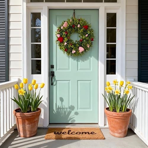 HipTree 18 Inch Spring Mothers Day Heart Wreath for Front Door,Artificial Boxwood Wreath with Flocked Pink & Red Hearts- Romantic for Valentines Day,Anniversary,Wedding,Indoor Outdoor and Wall Decor - Image 2