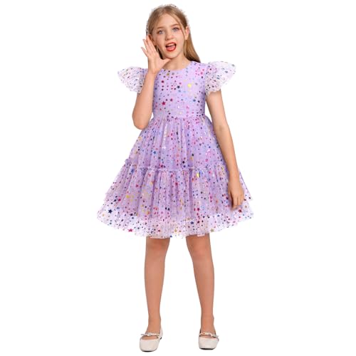 ODOLDI Toddler Girl Birthday Dress Shiny Rainbow Stars Tulle Dresses Girls Ruffle Sleeve Sequin Tutu Dress Pageant Party Sparkly Princess Tulle Dresses Lilac Stars 7-8 Years - Image 4