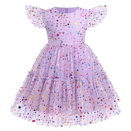 ODOLDI Toddler Girl Birthday Dress Shiny Rainbow Stars Tulle Dresses Girls Ruffle Sleeve Sequin Tutu Dress Pageant Party Sparkly Princess Tulle Dresses Lilac Stars 7-8 Years - Image 2