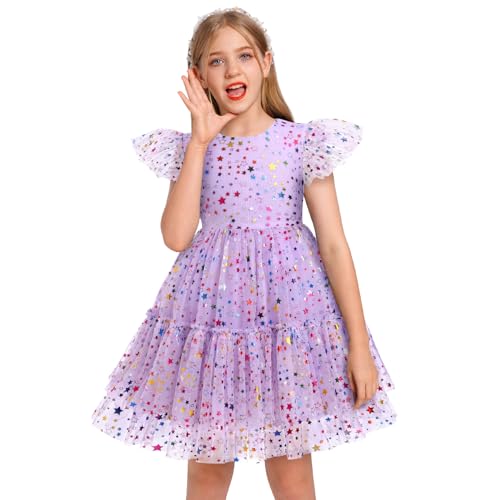 ODOLDI Toddler Girl Birthday Dress Shiny Rainbow Stars Tulle Dresses Girls Ruffle Sleeve Sequin Tutu Dress Pageant Party Sparkly Princess Tulle Dresses Lilac Stars 7-8 Years - Image 1
