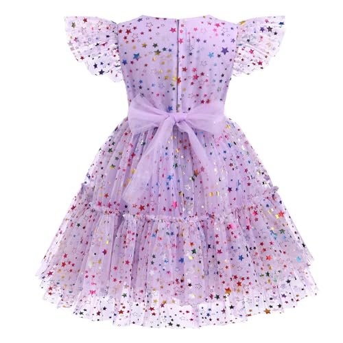 ODOLDI Toddler Girl Birthday Dress Shiny Rainbow Stars Tulle Dresses Girls Ruffle Sleeve Sequin Tutu Dress Pageant Party Sparkly Princess Tulle Dresses Lilac Stars 7-8 Years - Image 3