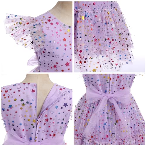 ODOLDI Toddler Girl Birthday Dress Shiny Rainbow Stars Tulle Dresses Girls Ruffle Sleeve Sequin Tutu Dress Pageant Party Sparkly Princess Tulle Dresses Lilac Stars 7-8 Years - Image 5