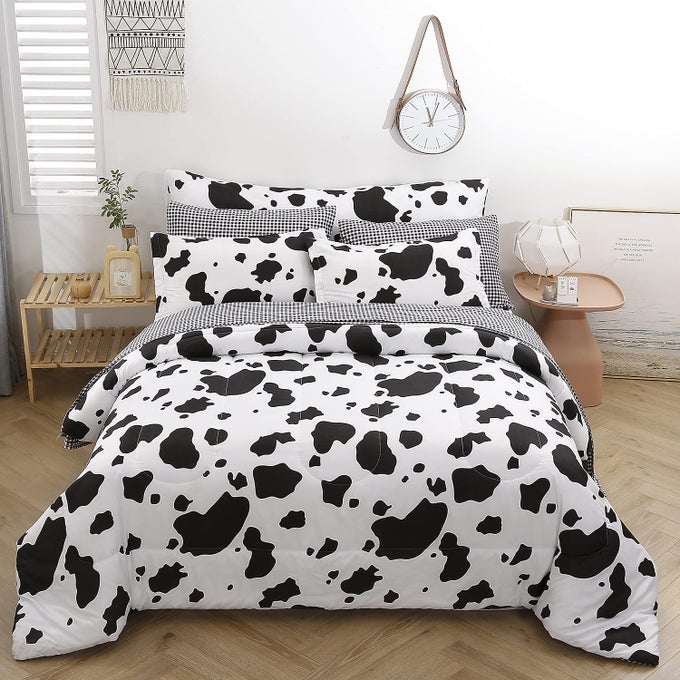 COW PRINT QUEEN COMFORTER SET WITH SHEETS 8PCS BED IN A BAG QUEEN SIZE BEDDING SET GEOMETRIC BLACK AND WHITE DUVETS FOR ALL SEASON
